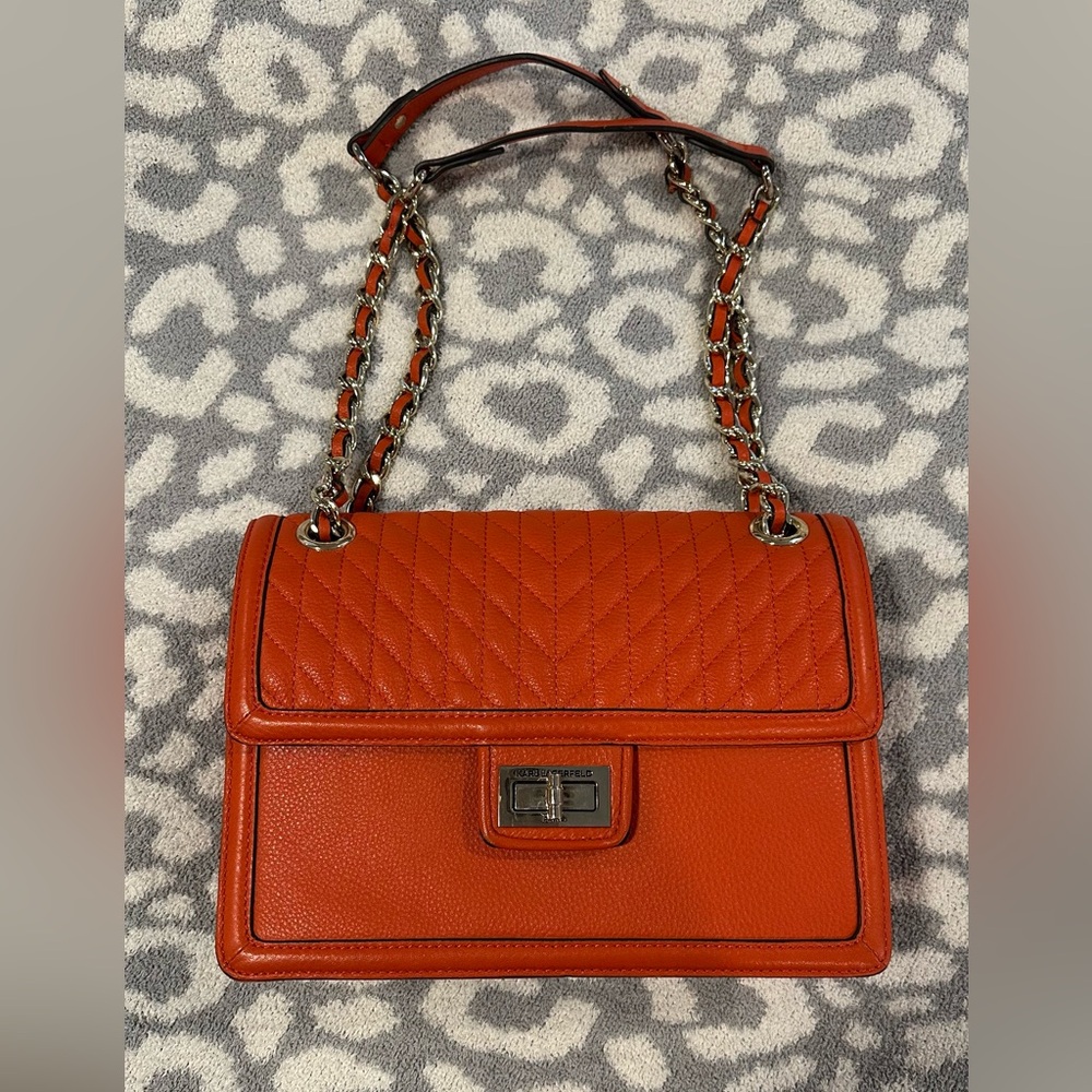 Karl Lagerfeld Paris Orange Agyness Quilted Leather Chain Shoulder Bag